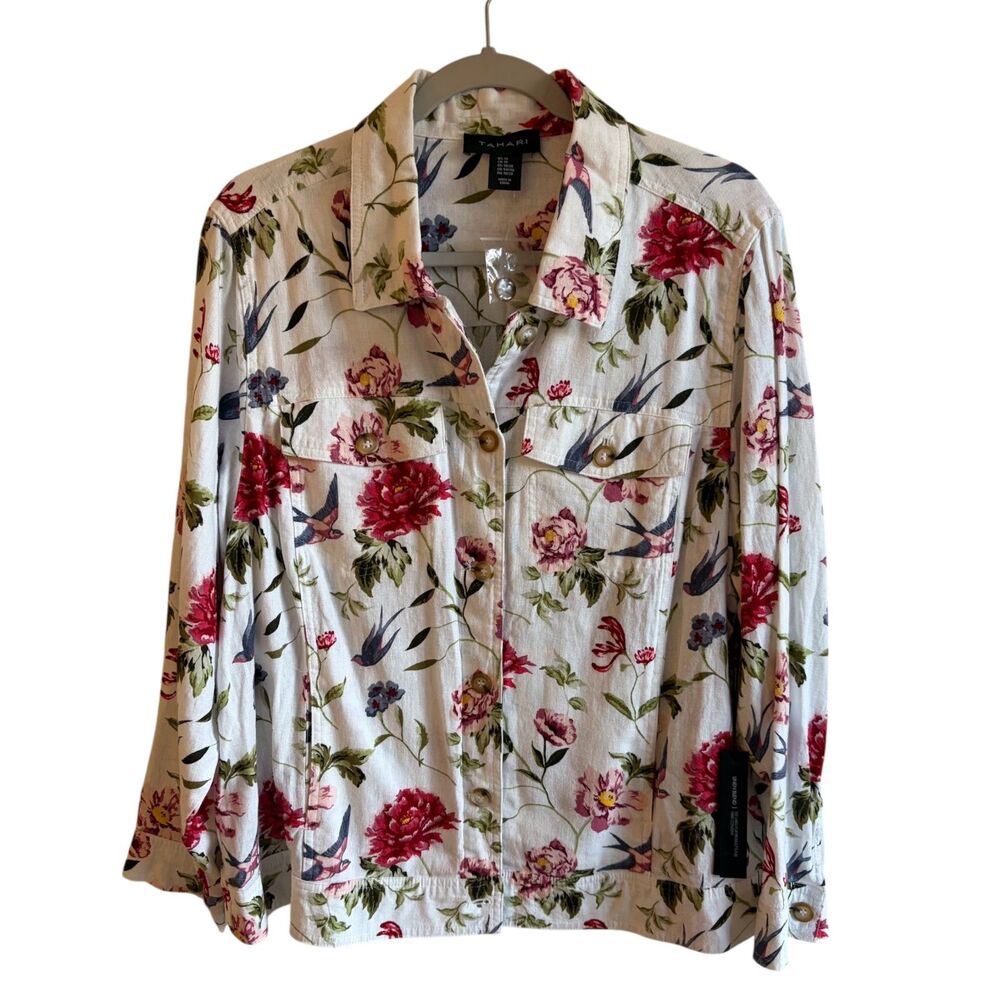 NWT Tahari 55% Linen Garden Floral Bird Print Button-up Shirt Jacket (1X) Party
